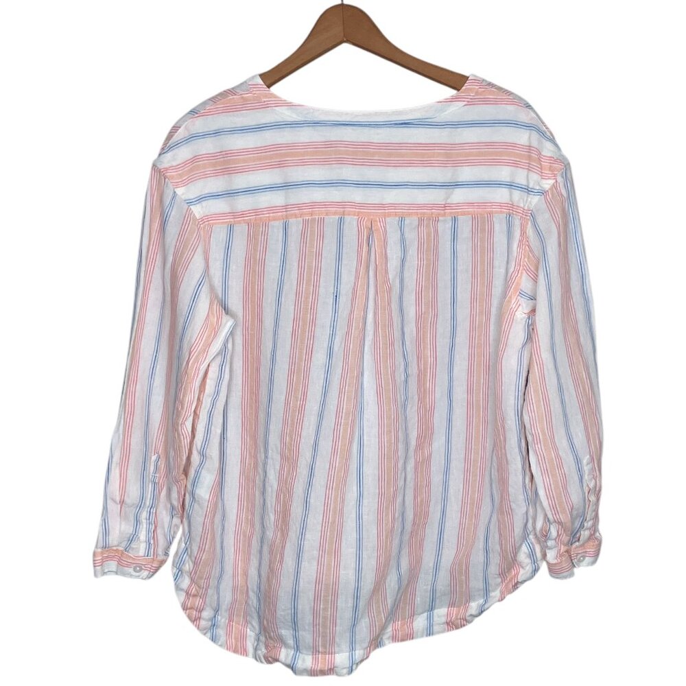 L.L. Bean Women's Medium M‎ Premium Washable Linen Splitneck Stripe Shirt Top - Picture 3 of 5